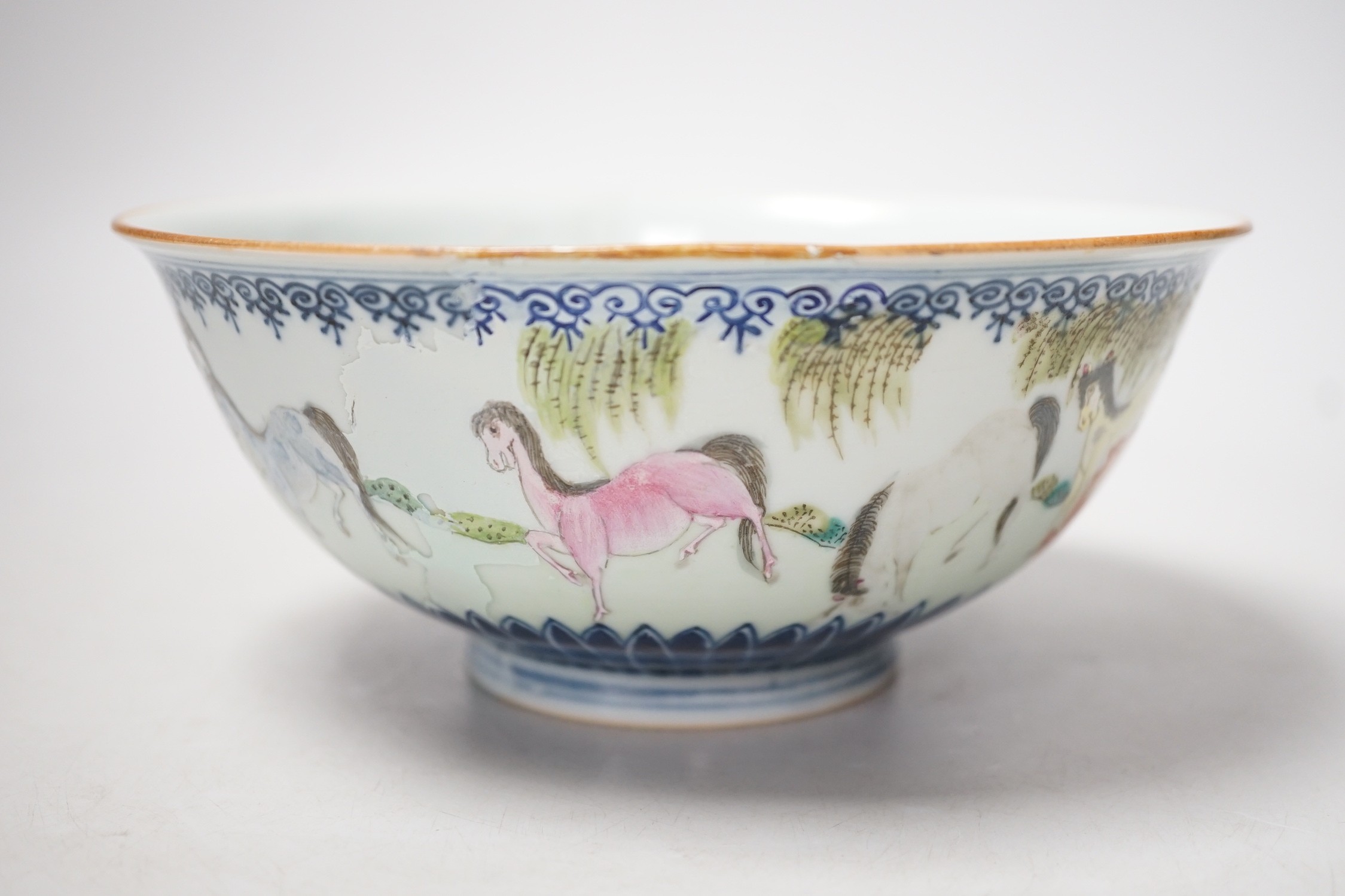 A Chinese famille rose 'eight horses' bowl, early 20th century, 18cm diameter